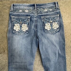 Telepatia Embroidered Floral Studded Medium Wash Bootcut Denim Jeans Western Y2k